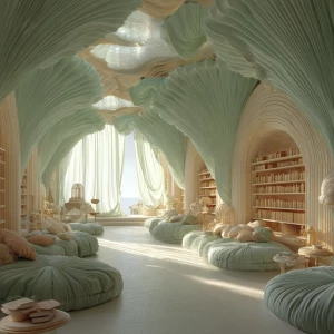 Calmness inside a library made of translucent seashells, curved...