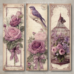Victorian Mauve Rose Aviary Bookmarks – 3 Elegant Bookmarks (Bir...
