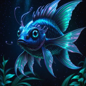 A mesmerizing neon-noir fairylike fishlike creature, its every f...