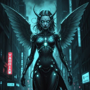 In the depths of a neon-lit cityscape, a macabre futuristic nymp...