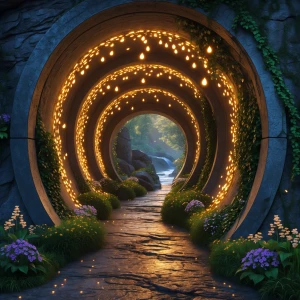Inside a firefly-filled tunnel entrance: The tunnel curves gentl...