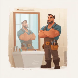 Create an image of a strong and hairy handyman standing in front...