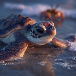 A realistic wildlife-style photograph of a baby sea turtle named...