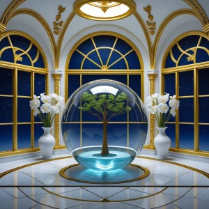 A c ceiling, large arched windows with intricate gold designs, a...