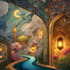 Create an enchanting 16:9 image capturing the essence of Sufi te...