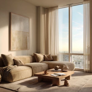 Create a luxurious editorial living room with a warm beige palet...