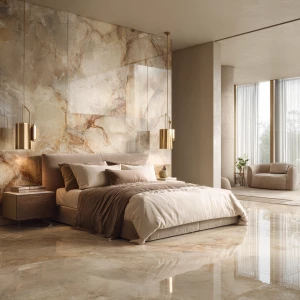 Ultra-realistic photo of a luxury bedroom in warm beige and crea...