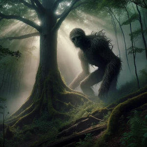 A massive, humanoid creature resembling Bigfoot, with thick fur...