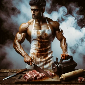 This image shows a muscular person wearing a white apron that is...