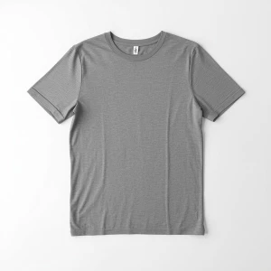 Produce an elegant flat lay image featuring a basic gray t-shirt...