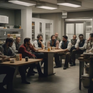 A group of workers gathered in a break room, speaking in hushed...