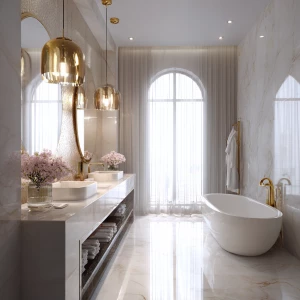 Design a luxurious Italian white marble bathroom featuring a dou...