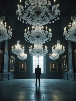 Crystal chandeliers trembling without reason and accusing portra...