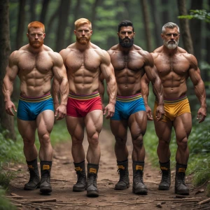 Generate an image of four rugged and muscular men confidently wa...
