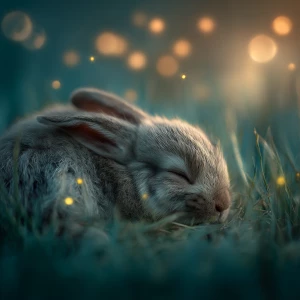 tiny baby rabbit asleep curled in soft grass, warm golden twilig...