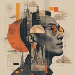 A surreal digital collage portrait of an East Asian man with gla...