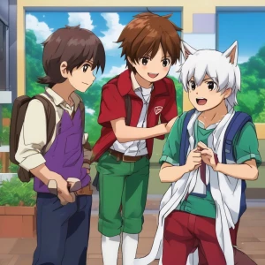 Three friends conversing in a school setting:
- Tim: A boy spor...