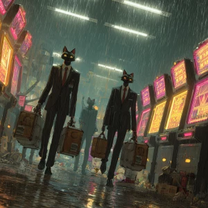 Humanoid cats that look like humans and walk on two legs, dresse...