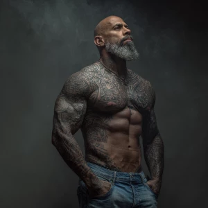 Create an image featuring a muscular, bald man sporting a full b...