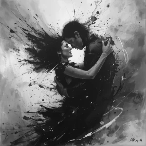 Black and white painting, expressive brushstrokes, emotional and...