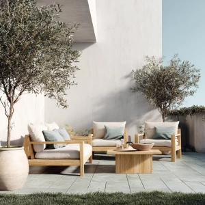Create a minimalist Scandinavian-style outdoor setting featuring...