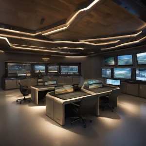 Design a visually captivating futuristic military bunker control...