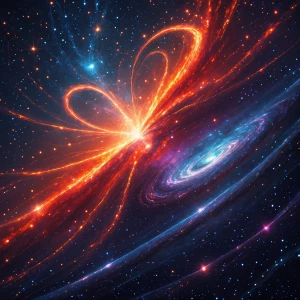 Two mesmerizing galaxies, one ablaze in fiery oranges and reds,...