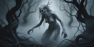 In the mysterious depths of a virtual forest, a spooky dryad eme...