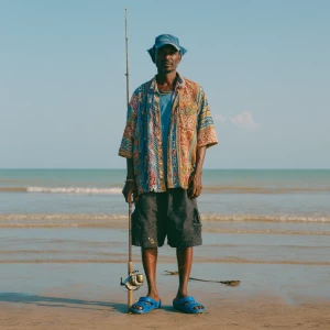 A male fisherman wearing loose black shorts, an unbuttoned, loos...