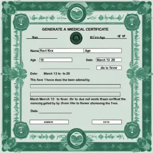 Generate a medical certificate with name. Ravi Kira age 18 date....
