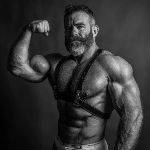 The image depicts a very hairy muscular, ginger bearded man posi...