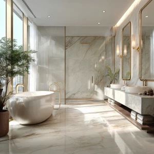 Generate an ultra-realistic image of a luxurious main bathroom l...