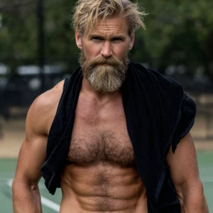 The image shows a man blond hair and beard with a muscular, hair...