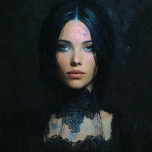 A resplendently enigmatic digital oracle, her dark beauty a haun...