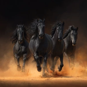 A hyper-realistic 4K digital painting of four black horses runni...