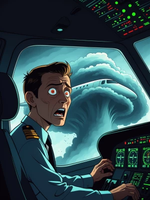 A cinematic cartoon-style horror illustration of a pilot in a mo...