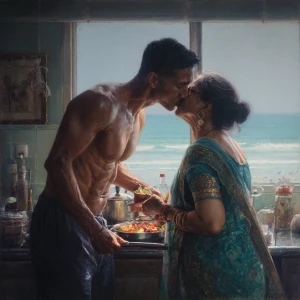 Hyperrealism,oil painting .a muscular sweaty indian  man  standi...