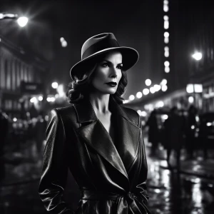 A cinematic portrait of Sandra Bullock in a classic film noir st...