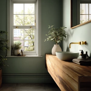 Create an image of a small bathroom featuring sage green walls,...