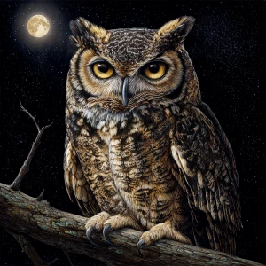 Create a realistic and detailed drawing of an owl perched on a t...