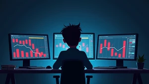 a sad Wojak character sitting in front of multiple monitors with...