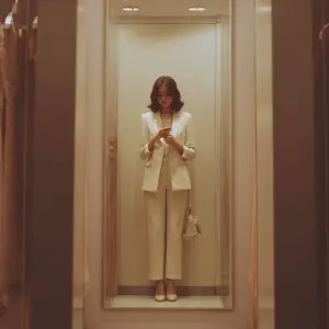 a photo of a woman in a suit trying it on in a fitting room