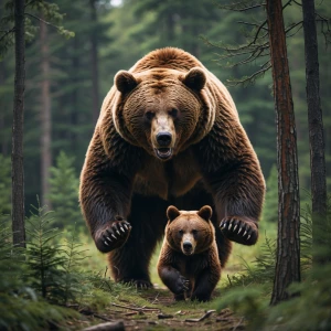 A giant bear chasing a smaller bear through a dense forest setti...