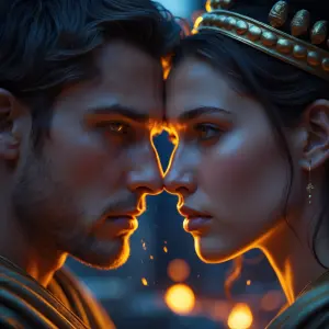 Cinematic close-up of an ancient-era couple standing forehead to...