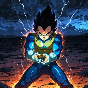 Vegeta powering up for Final Flash, glowing hands, blue and yell...