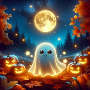 Fantasmita adorable luminoso, bosque nocturno de otoño, cielo no...