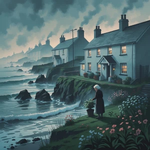 2D painterly illustration of a misty Cornish seaside village at...