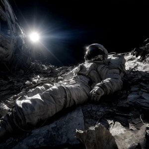 The abandoned body of an astronaut, his spacesuit torn and his m...