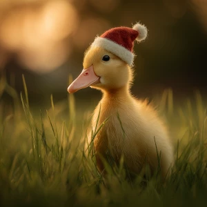 A yellow feathered baby call duck ( short bill) wearing a Santa...