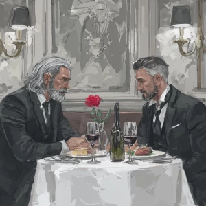 Make two bodybuilder men both gray hair one with long wavy hair...